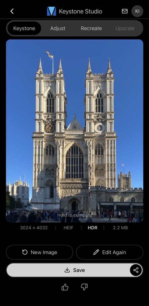 The final corrected photo of Westminster Abbey with the corners filled in by AI, saved as a 3024 by 4032 HEIF with HDR