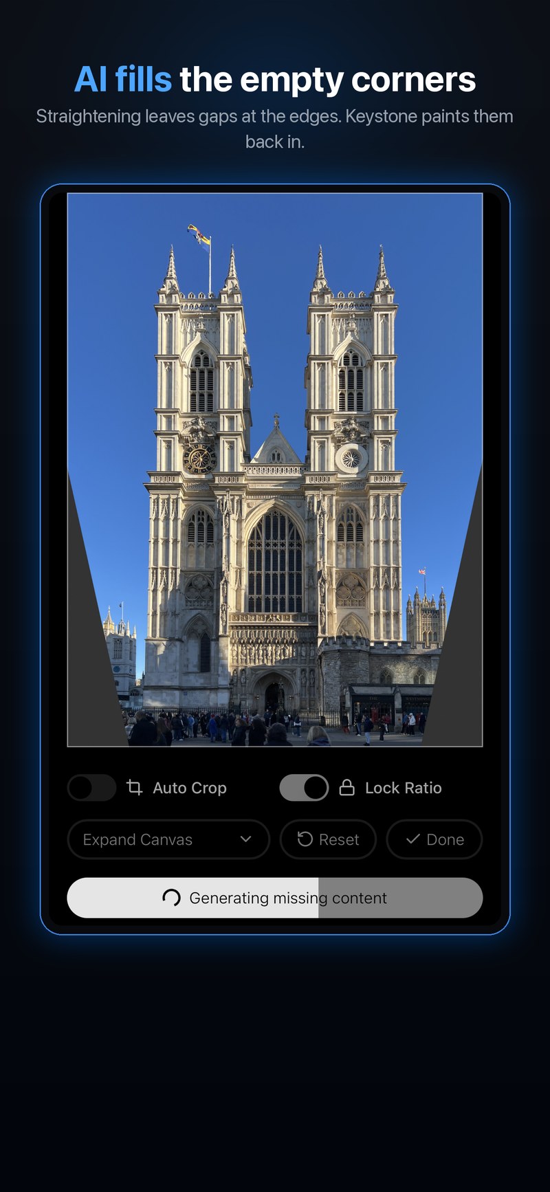 Keystone Photo Studio using AI to fill the empty corners left after straightening a cathedral photo