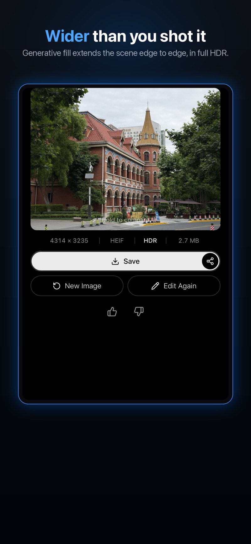 Keystone Photo Studio generatively expanding a building photo to a wider aspect ratio