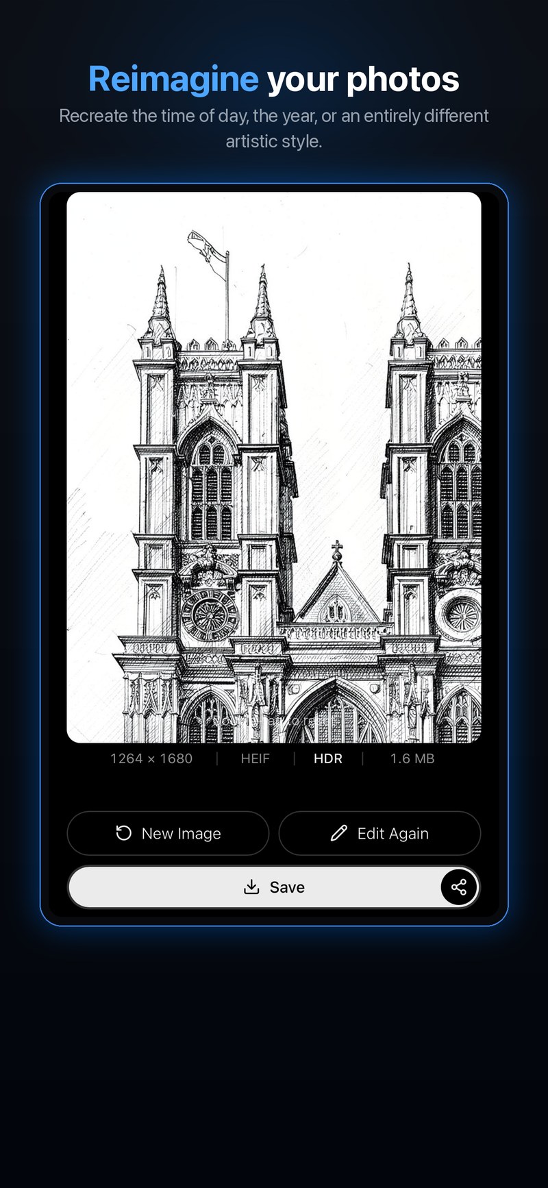 Keystone Photo Studio AI Recreate turning a cathedral photo into a pencil-sketch style