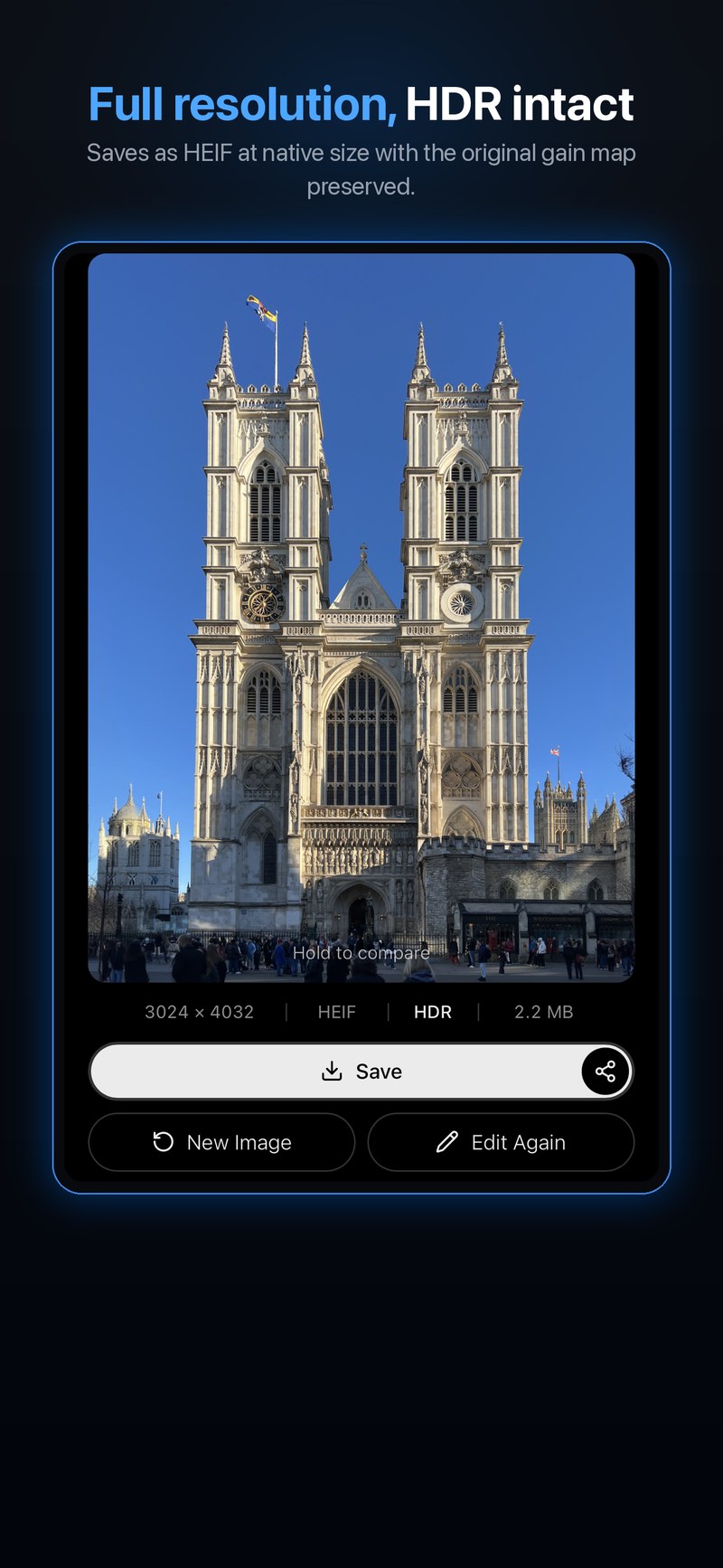 Keystone Photo Studio save screen showing full-resolution HEIF with HDR preserved
