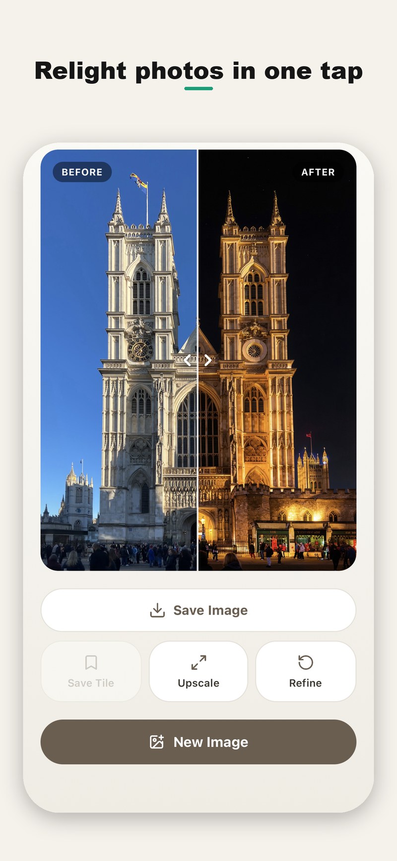 Before and after: a cathedral photo relit from bright day to golden night with AI
