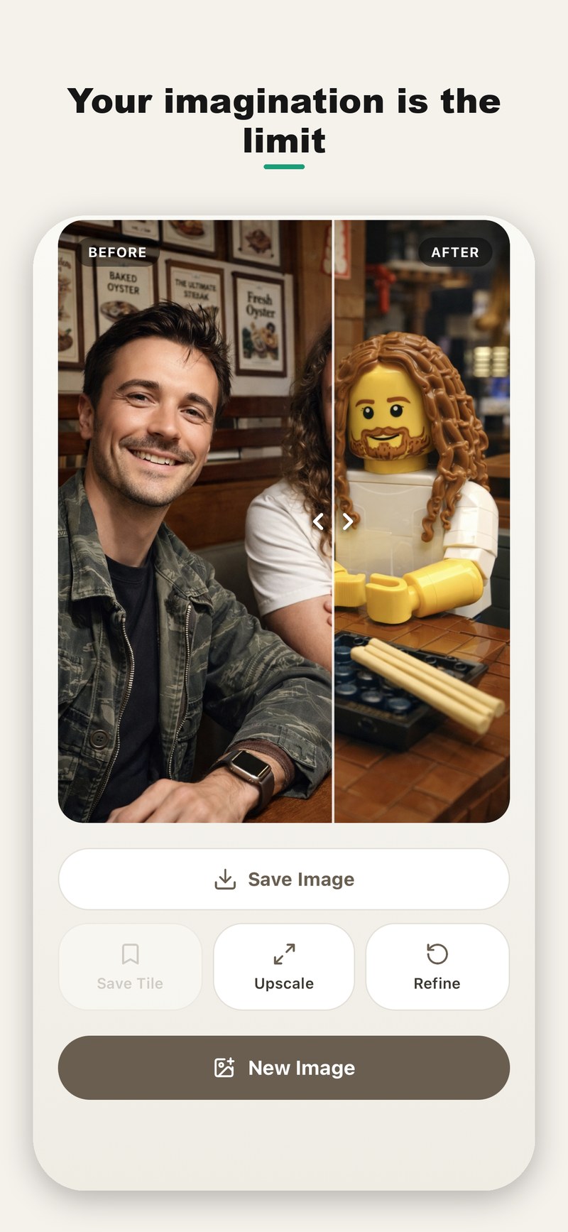 Before and after: a portrait photo turned into a collectible LEGO-style figurine with Sandbox AI Studio