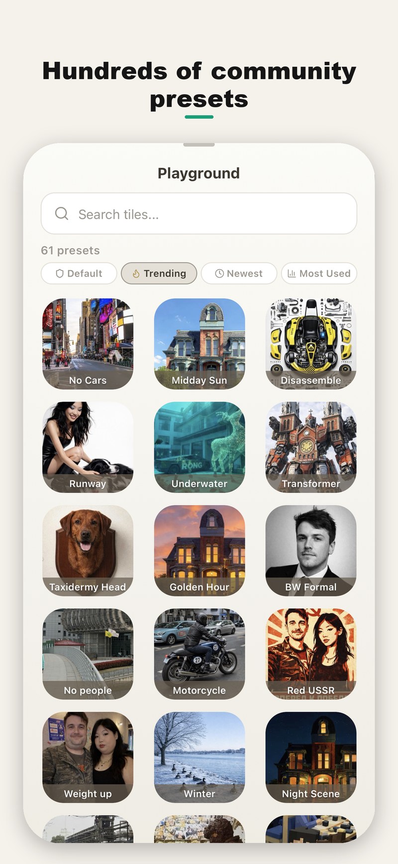 Sandbox AI Studio community playground showing dozens of AI photo presets