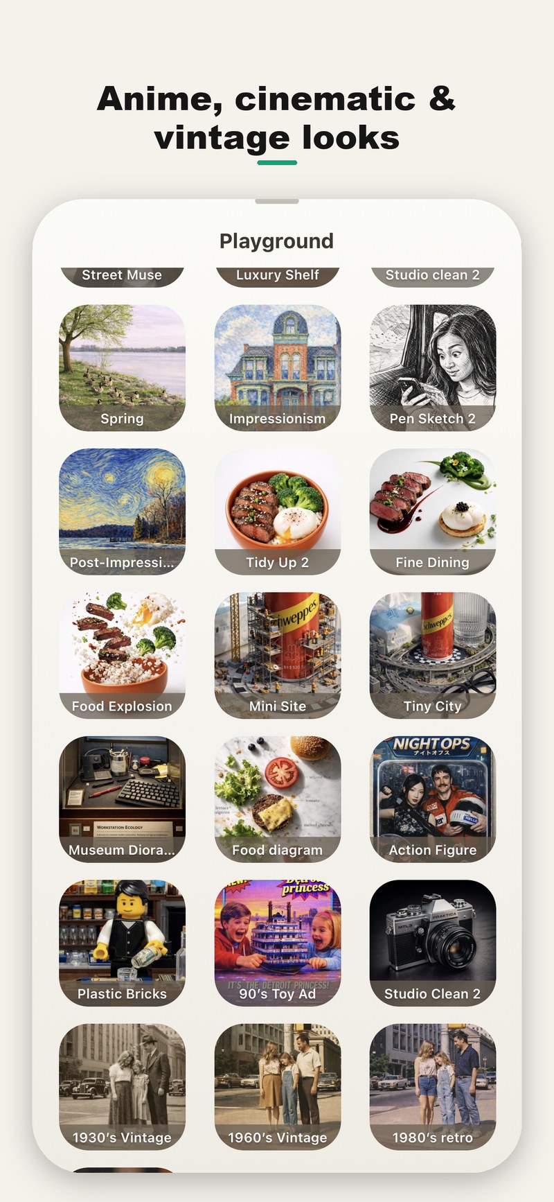 Grid of AI photo preset styles including figurine, retro toy and food looks