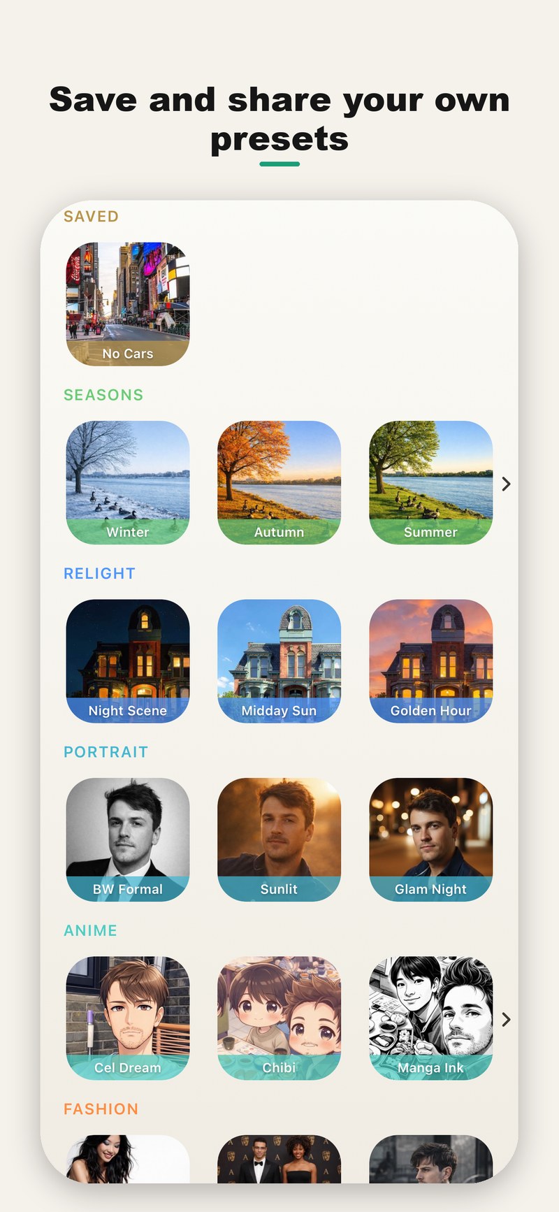 Organized AI preset library with seasons, relight, portrait and anime categories